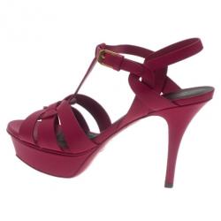 Pre Owned Saint Laurent Paris Pink Leather Tribute Platform Sandals Size 37.5