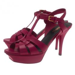 Pre Owned Saint Laurent Paris Pink Leather Tribute Platform Sandals Size 37.5