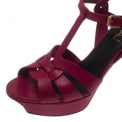 Pre Owned Saint Laurent Paris Pink Leather Tribute Platform Sandals Size 37.5