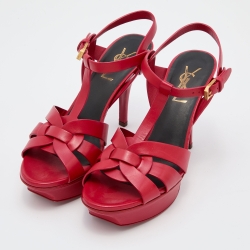 Saint Laurent Red Leather Tribute Platform Sandals Size 36