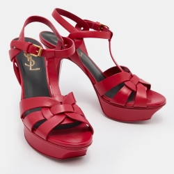 Saint Laurent Red Leather Tribute Platform Sandals Size 36