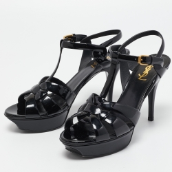 Saint Laurent Black Patent Leather Tribute Sandals Size 40