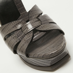 Pre Owned Saint Laurent Grey Lizard Embossed Leather Tribute Sandals Size 39.5