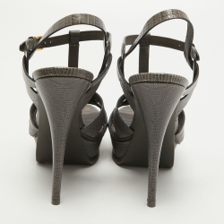 Pre Owned Saint Laurent Grey Lizard Embossed Leather Tribute Sandals Size 39.5
