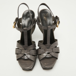 Pre Owned Saint Laurent Grey Lizard Embossed Leather Tribute Sandals Size 39.5