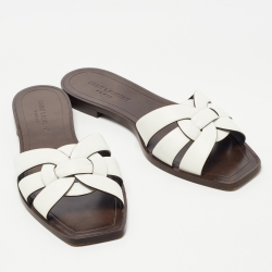 Pre Owned Saint Laurent White Leather Tribute  Flat Slides Size 37 