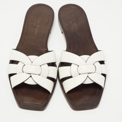 Pre Owned Saint Laurent White Leather Tribute  Flat Slides Size 37 