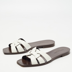 Pre Owned Saint Laurent White Leather Tribute  Flat Slides Size 37 