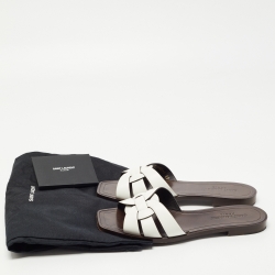 Pre Owned Saint Laurent White Leather Tribute  Flat Slides Size 37 