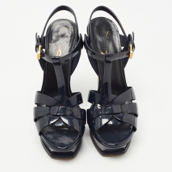 Pre Owned Saint Laurent Navy Blue Patent Leather Tribute Sandals Size 36