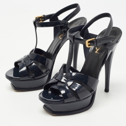 Pre Owned Saint Laurent Navy Blue Patent Leather Tribute Sandals Size 36