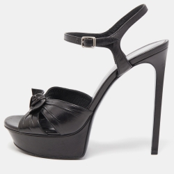 مملوكة مسبقًا Saint Laurent Paris Black Leather Bow Platform Ankle Strap Sandals Size 38