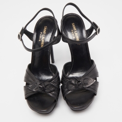مملوكة مسبقًا Saint Laurent Paris Black Leather Bow Platform Ankle Strap Sandals Size 38