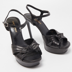مملوكة مسبقًا Saint Laurent Paris Black Leather Bow Platform Ankle Strap Sandals Size 38