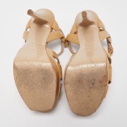 Pre Owned Saint Laurent Beige Croc Embossed Leather Tribute Ankle Strap Sandals Size 38.5