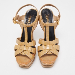 Pre Owned Saint Laurent Beige Croc Embossed Leather Tribute Ankle Strap Sandals Size 38.5