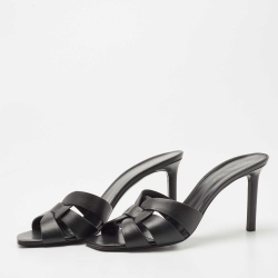 Pre Owned Saint Laurent Black Leather Tribute Slide Sandals Size 40