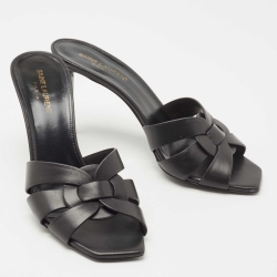 Pre Owned Saint Laurent Black Leather Tribute Slide Sandals Size 40