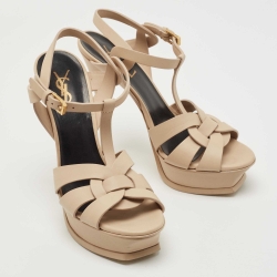 مملوكة مسبقًا Saint Laurent Beige Leather Tribute Ankle Strap Sandals Size 38