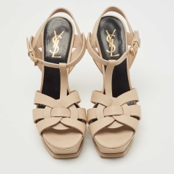 مملوكة مسبقًا Saint Laurent Beige Leather Tribute Ankle Strap Sandals Size 38