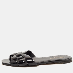 Saint Laurent Black Patent Leather Tribute Flat Slides Size 39