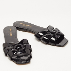 Saint Laurent Black Patent Leather Tribute Flat Slides Size 39