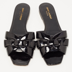 Saint Laurent Black Patent Leather Tribute Flat Slides Size 39