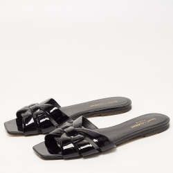 Saint Laurent Black Patent Leather Tribute Flat Slides Size 39