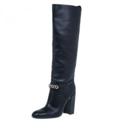 Pre Owned Saint Laurent Paris Black Leather ‘New Chyc 105′ Chain Link Knee Length Boots Size 39.5