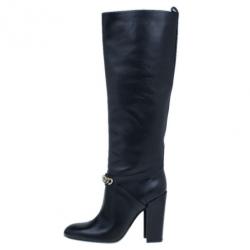 Pre Owned Saint Laurent Paris Black Leather ‘New Chyc 105′ Chain Link Knee Length Boots Size 39.5