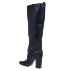Pre Owned Saint Laurent Paris Black Leather ‘New Chyc 105′ Chain Link Knee Length Boots Size 39.5