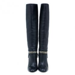 Pre Owned Saint Laurent Paris Black Leather ‘New Chyc 105′ Chain Link Knee Length Boots Size 39.5
