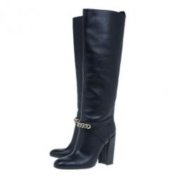 Pre Owned Saint Laurent Paris Black Leather ‘New Chyc 105′ Chain Link Knee Length Boots Size 39.5