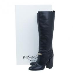 Pre Owned Saint Laurent Paris Black Leather ‘New Chyc 105′ Chain Link Knee Length Boots Size 39.5