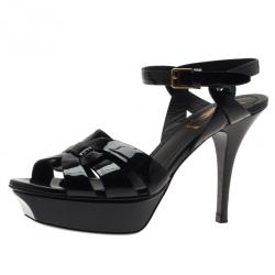 Pre Owned Saint Laurent Paris Black Patent Leather Platform Tribute Sandals Size 36