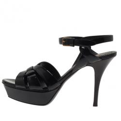 Pre Owned Saint Laurent Paris Black Patent Leather Platform Tribute Sandals Size 36