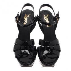 Pre Owned Saint Laurent Paris Black Patent Leather Platform Tribute Sandals Size 36