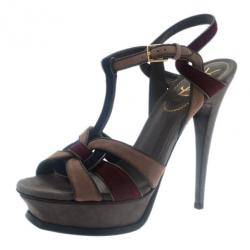 Pre Owned صندل سانت لوران باريس ثلاثي اللون نعل سميك تريبيوت مقاس 38.5