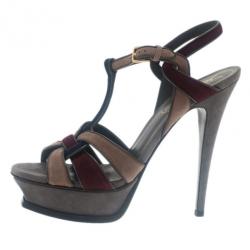 Pre Owned صندل سانت لوران باريس ثلاثي اللون نعل سميك تريبيوت مقاس 38.5