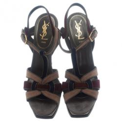 Pre Owned صندل سانت لوران باريس ثلاثي اللون نعل سميك تريبيوت مقاس 38.5