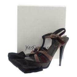 Pre Owned صندل سانت لوران باريس ثلاثي اللون نعل سميك تريبيوت مقاس 38.5