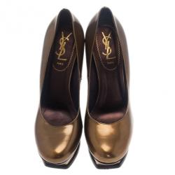 مملوكة مسبقًا حذاء سان لوران باريس مقدمة مرتفعة جلد ميتاليك برونزي "تريبيوت 105" مقاس 38
