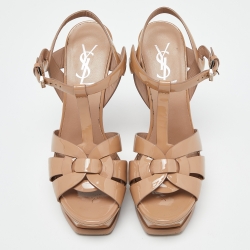 Pre Owned Saint Laurent Beige Patent Leather Tribute Sandals Size 37.5