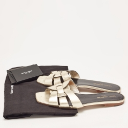 Pre Owned Saint Laurent Gold Leather Tribute Flat Slides Size 38