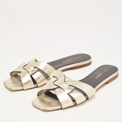 Pre Owned Saint Laurent Gold Leather Tribute Flat Slides Size 38