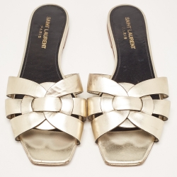 Pre Owned Saint Laurent Gold Leather Tribute Flat Slides Size 38
