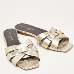 Pre Owned Saint Laurent Gold Leather Tribute Flat Slides Size 38