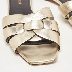 Pre Owned Saint Laurent Gold Leather Tribute Flat Slides Size 38