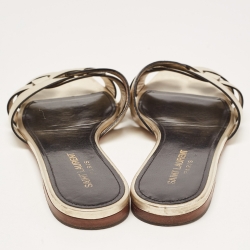 Pre Owned Saint Laurent Gold Leather Tribute Flat Slides Size 38