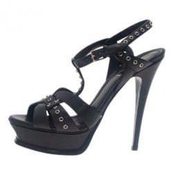 Pre Owned Saint Laurent Paris Black Studded Leather Tribute Platform Sandals Size 37.5